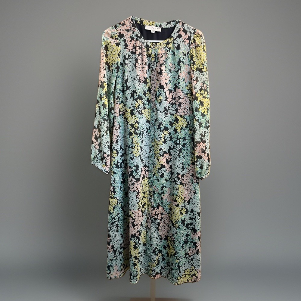 Loft Floral Midi Dress Womens 6 Multi-Color Long Sleeve Button Front Lined